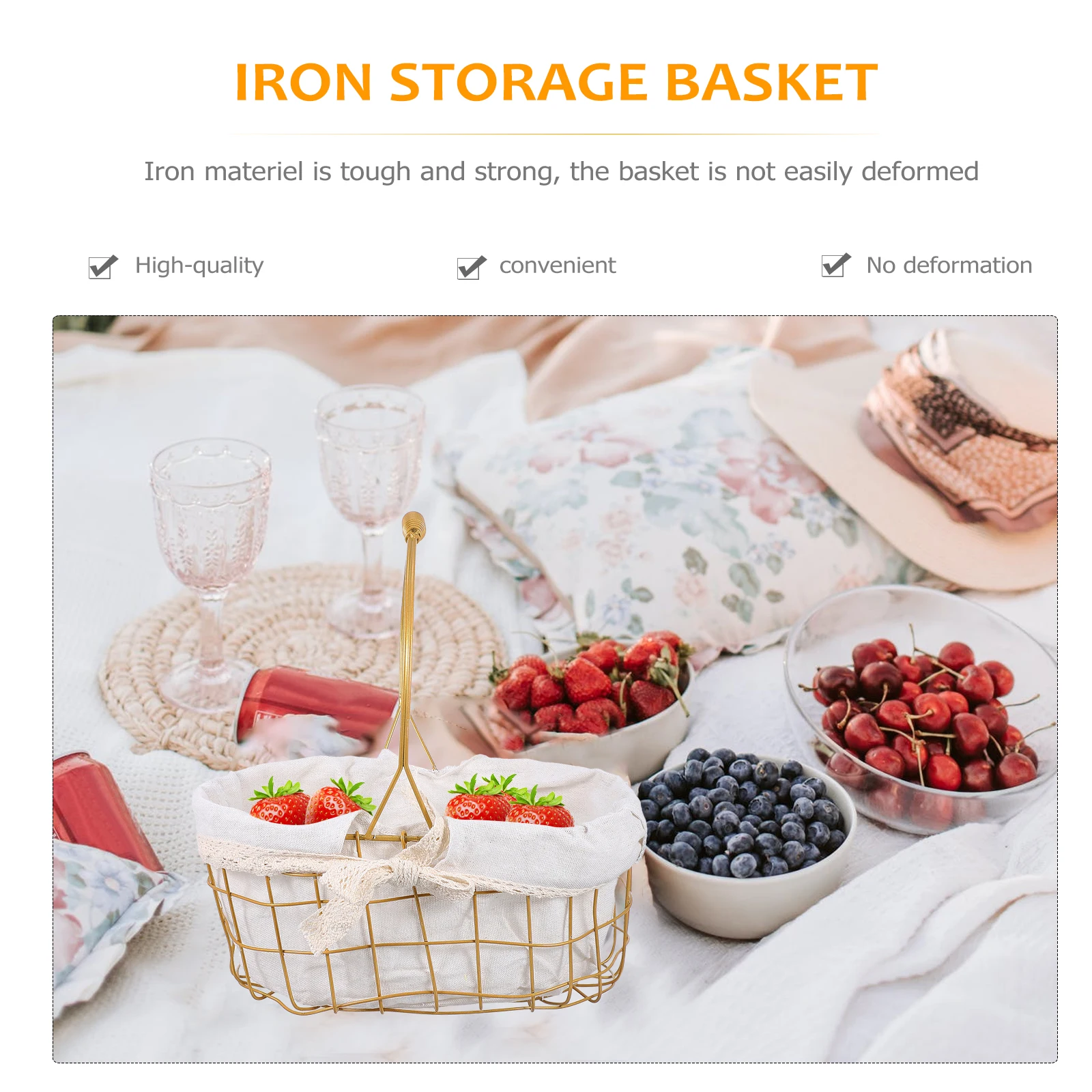 

Iron Storage Basket Golden Handle Small Size Woven Wire Hand Basket Portable Flower Picnic Home Decor Storage Container