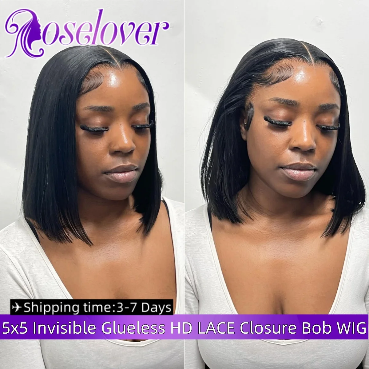 

ROSELOVER 250% Density 5x5 Invisible Real HD Lace Closure Wig Bob Wig Human Hair Glueless Wear to Go Straight for Black Woman