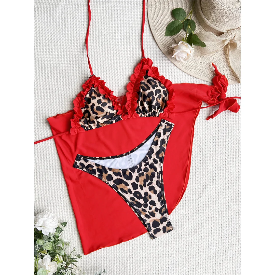 Mit Sarong Leopard Rüschen-Bikini, Damen-Badeanzug, dreiteiliges Bikini-Set, Damen-Badebekleidung, Badeanzug, Badebekleidung, Schwimmbekleidung V3995 – Detail 17