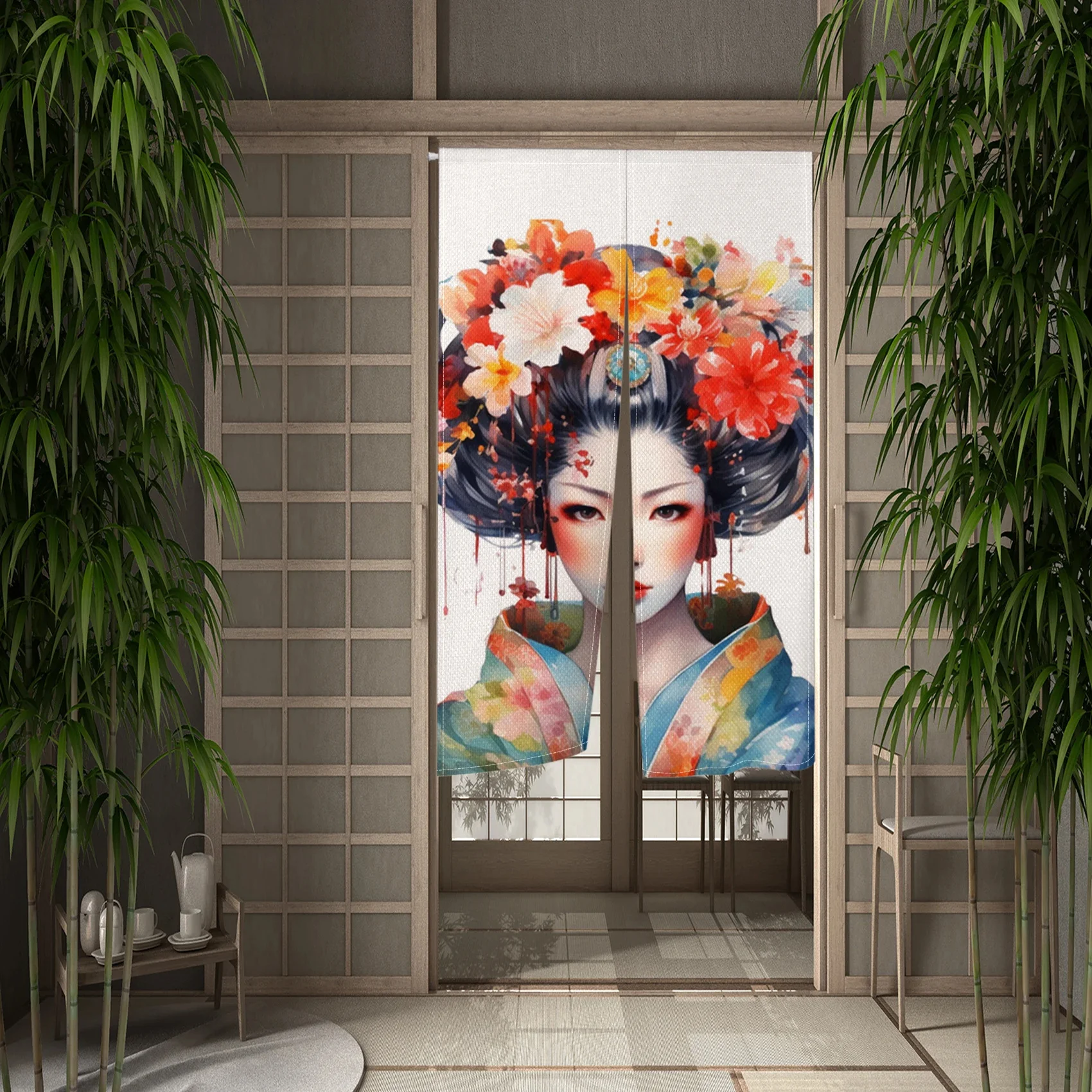 Japanese Door Curtain for Girls Kyoto Geisha Ukiyo-E Pattern Cherry Blossom Kitchen Home Doorway Entrance Curtain Half Norens