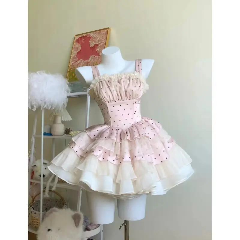 

Japan Sweet Elegant Lolita Princess Dress Women Cute Mesh Ruffles Wave Point Print Slim Dresses Harajuku Y2k Party Mini Dress