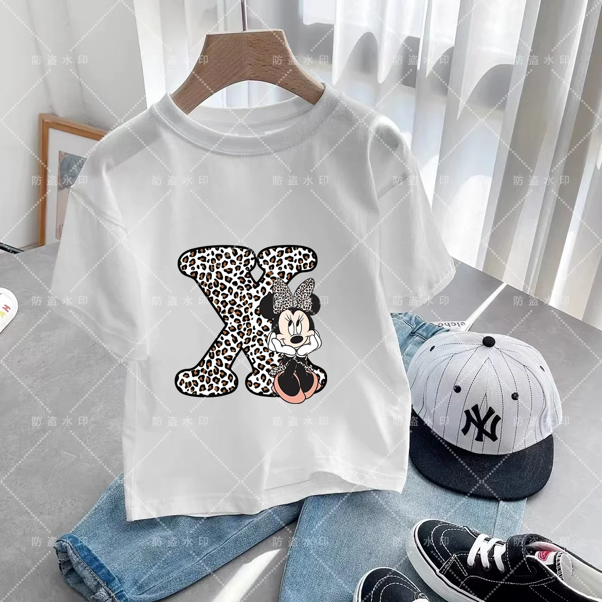 Minnie Letter  X Y Z  Children T-shirt Kawaii Disney Clothes for Girls T Shirt Anime Cartoons Casual Kid Boy Short Sleeve Tops