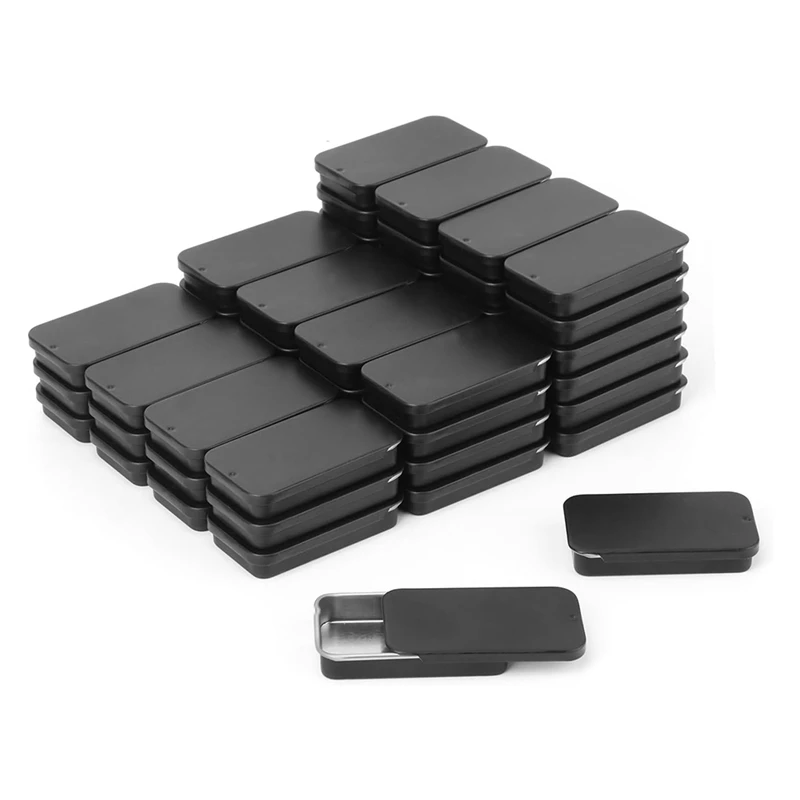 ABSU Paquete de 60 mini cajas de latas de metal rectangulares negras con tapas deslizantes, pequeña lata de metal con tapa deslizante vacía