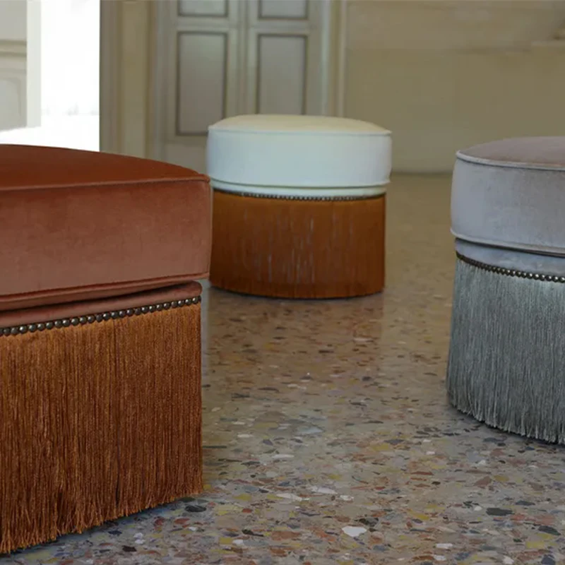 American Classical Style Rivet Tassel Round Foot Stool Home Living Room Bench Commercial Store Coffee Shop Lounge Pouf Ottoman