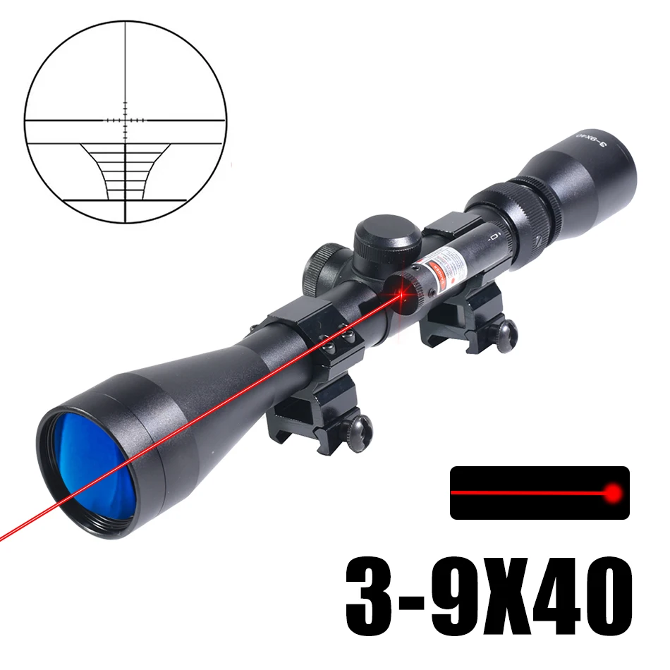 3-9x40 with Laser Combo Scope Hunting Tactical Shooting Rifle Scope Optical Sight Reticle Riflescope 11mm/20mm Rail Mount