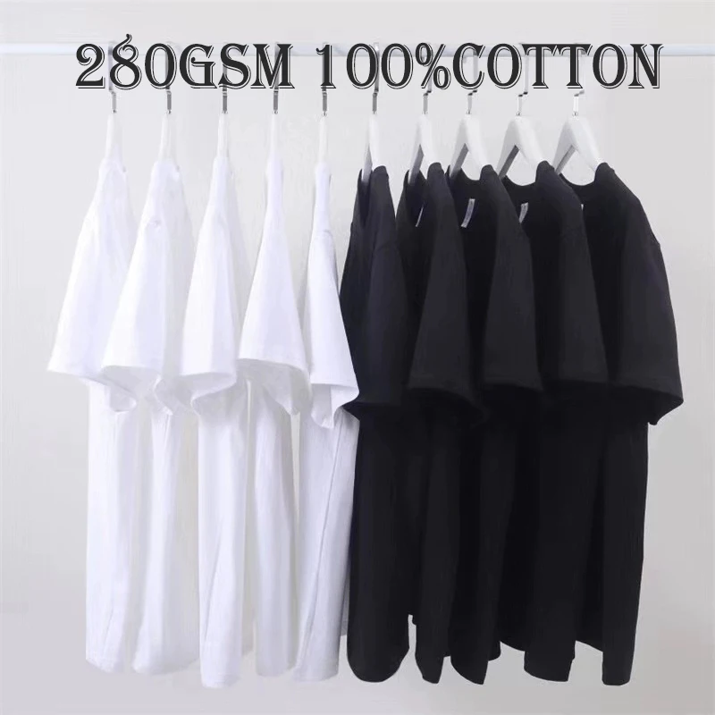 CAAYU Quality 7.4oz 280gsm 100%Cotton Solid T Shirts Men's Short Sleeve Fashion Casual Brand Trend Black Tops Clothing Tees Mens