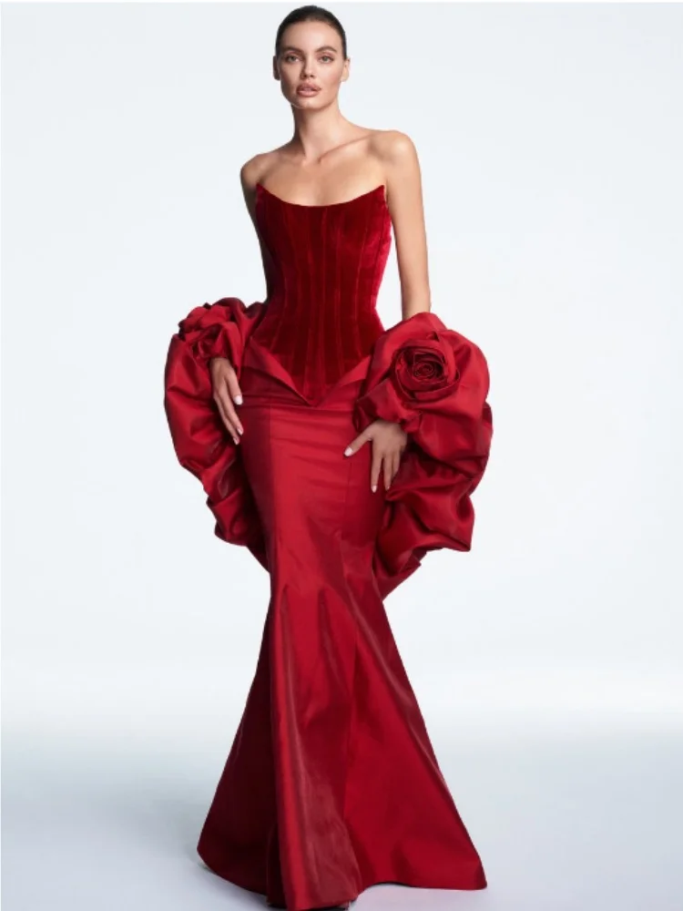 

New Arrival Red Color Women Sexy Strapless Velvet Bodycon Floor-length Dress Wedding Mermaid Celebrate Outfit Vestido