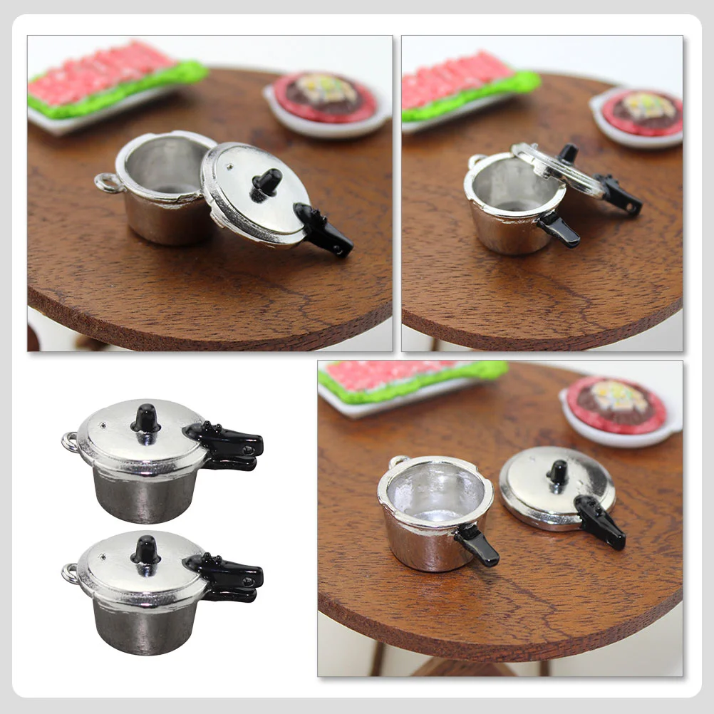 2 PCS Mini Pressure Cooker Model Zinc Alloy Kitchen Toy Lifelike Mini House Scene Decor Holiday Gift Child Toys