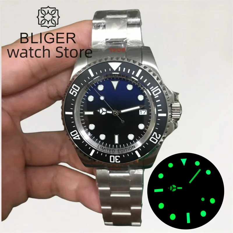 

BLIGER 43mm Dive Watch For Men NH35A MIYOTA 8215 PT5000 Automatic Wristwatch Sapphire Glass Green Luminous 904L Stainless Strap