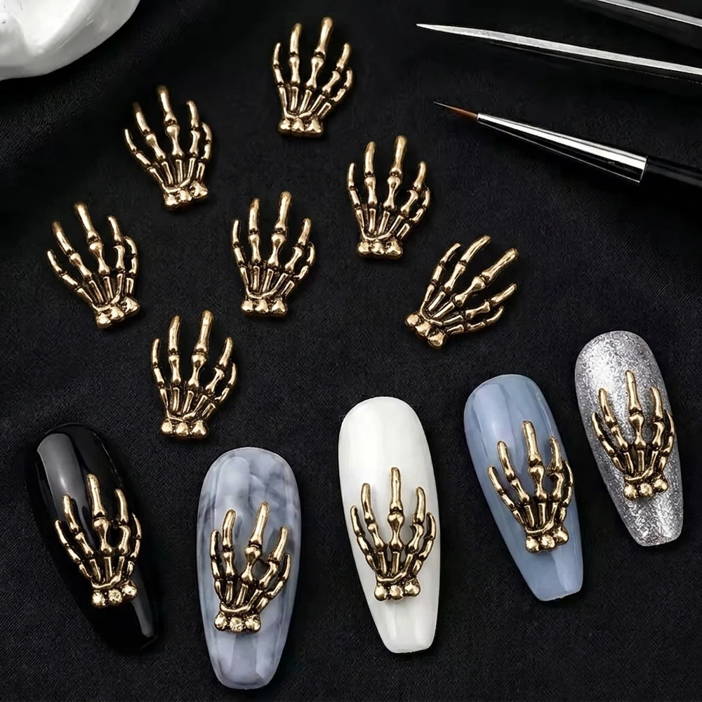 10pcs Metal Gold Silver Skull Hand Halloween Nail Charms 3D Punk Retro Skeleton Hand Bone Design Metallic Alloy Nail Decoration#