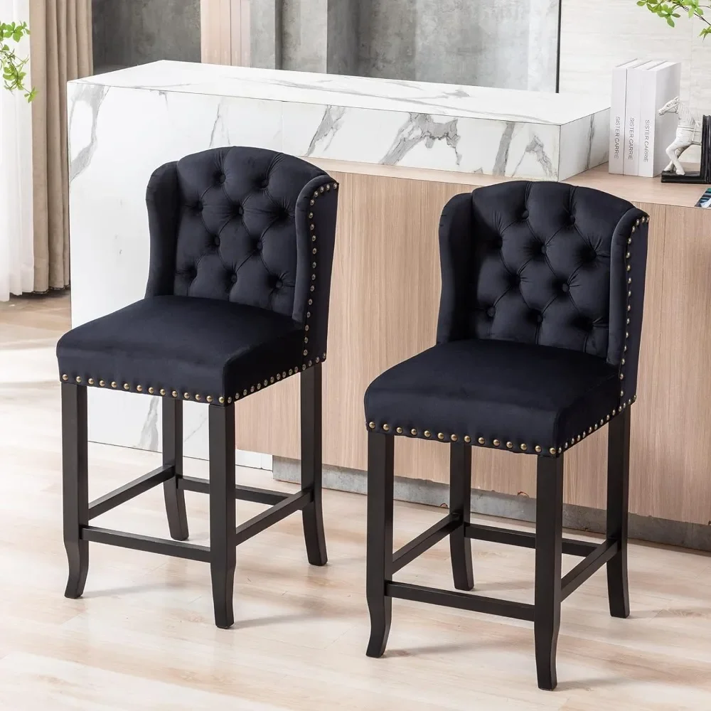 

Bar Stools Set of 2, 26" Counter Height with Back, Velvet and Modern Tufted Barstools Kitchen Island with Wood Legs, Bars Chair