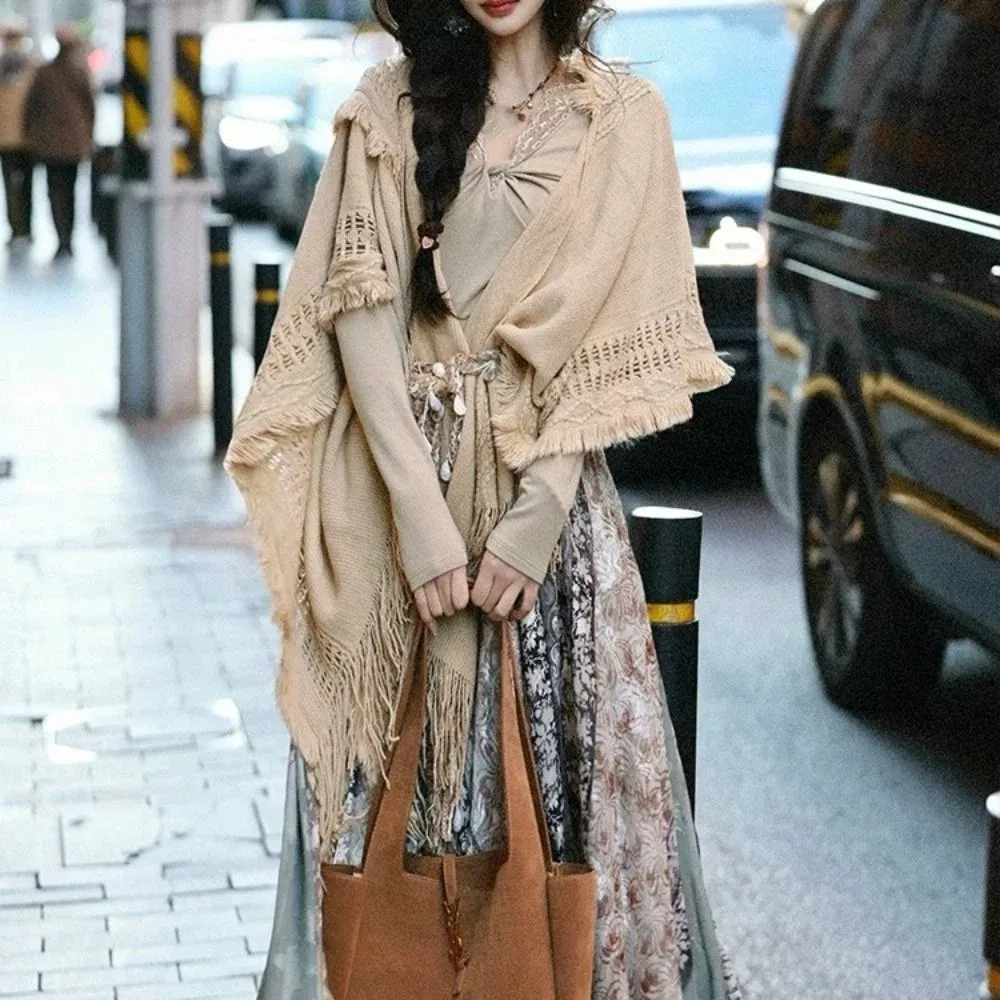 بسيطة شرابة محبوك هوديي شال الكروشيه أعلى الأوشحة الكبيرة النساء عباءة وشاح اكسسوارات التفاف مساء الرؤوس الخريف والشتاء