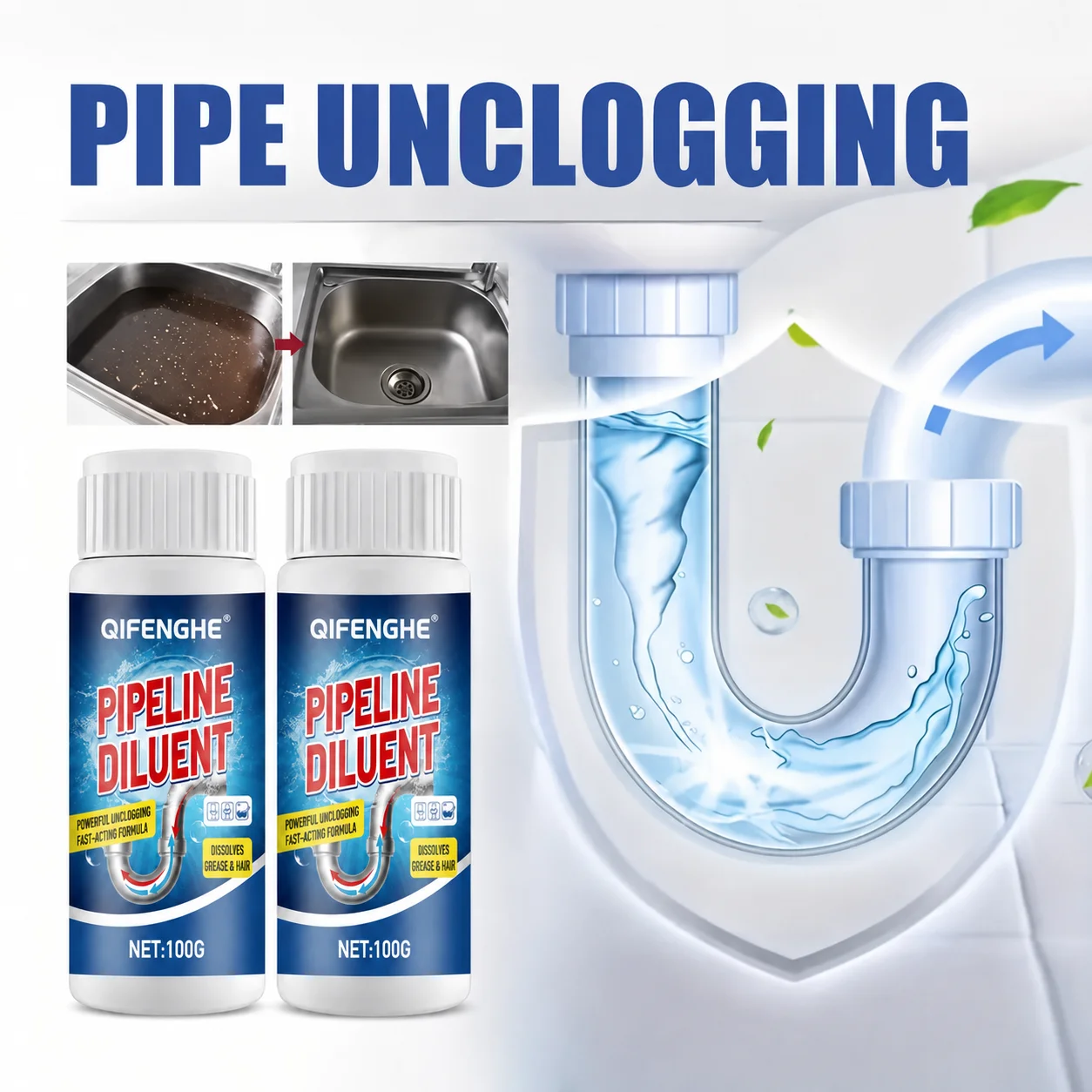 Multi-Purpose Kitchen Drain Unblocker Powder Dissolves Hair & Grease, Prevents Blockages, Easy to Use for Sink & Pipe Cleaning