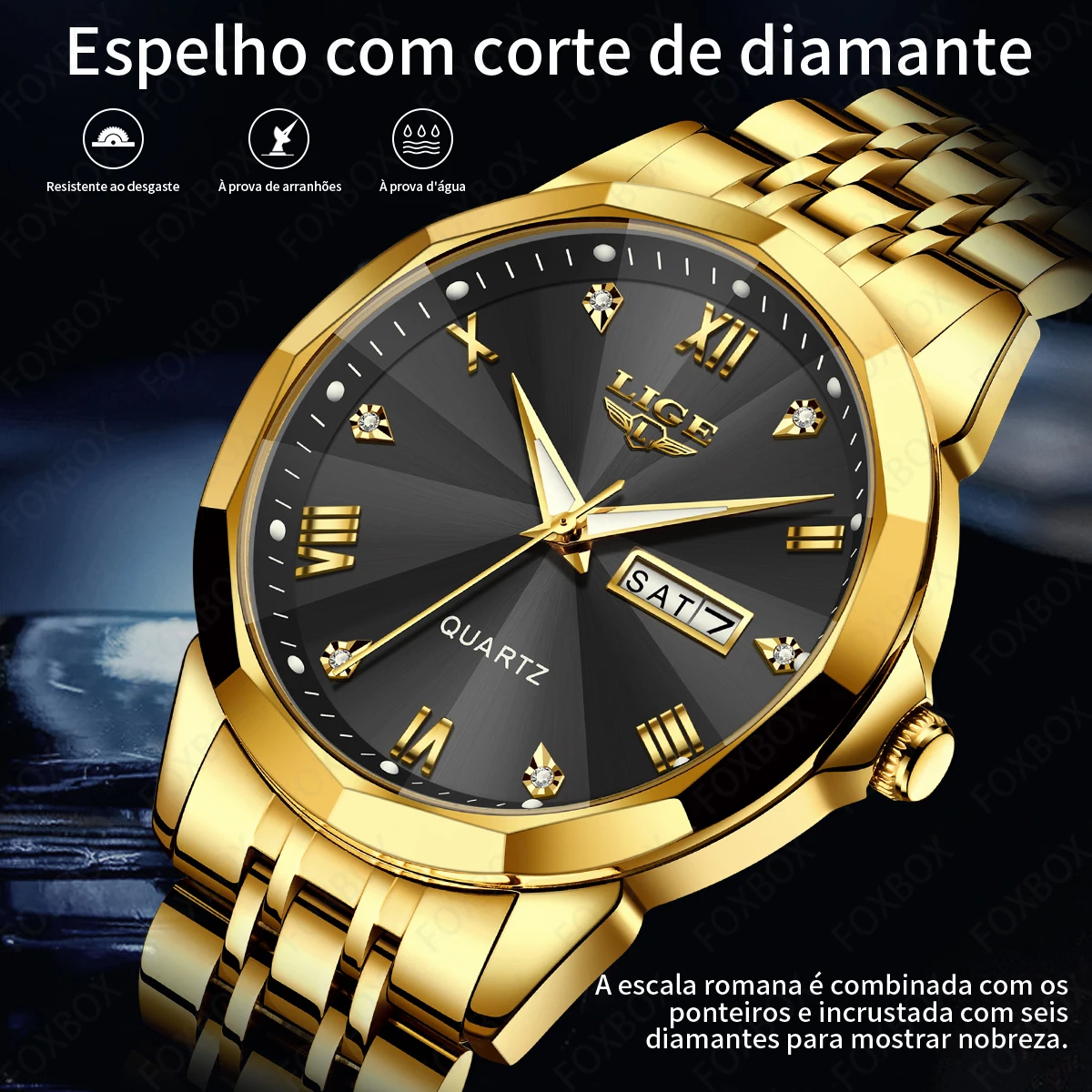 LIGE Men's Watches Rhombus Mirror Original Quartz Watch for Man Waterproof Luminous Stainless Steel Wristwatch Male Date Week