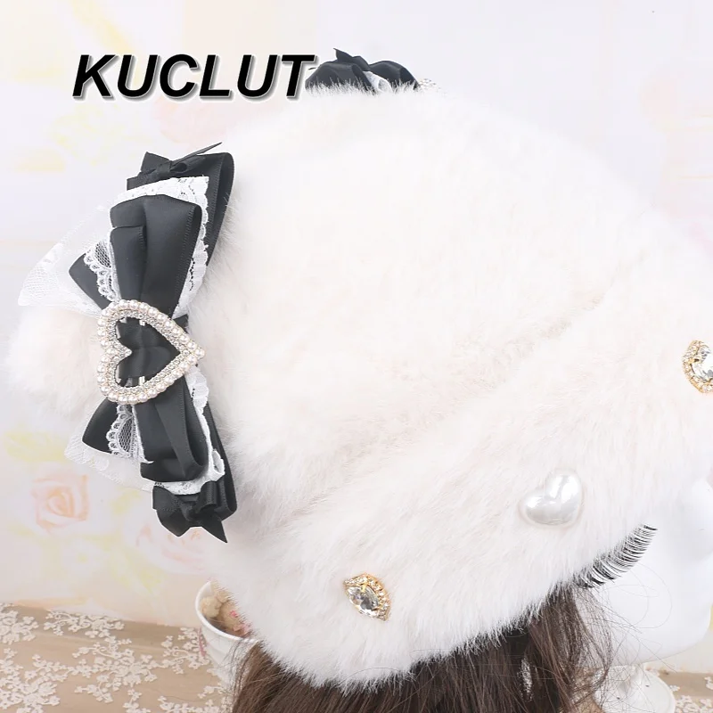 Original Lolita süße schwere Handwerksschleife importierte Spitze Strass flauschige Mütze für Frauen Herbst und Winter warme Damenmützen