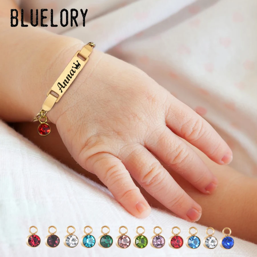 

Bluelory Personalized Stainless Steel Baby Name Bar Bracelets For Girl Boy 12 Stone Engrave Kid Nameplated Jewelry Birthday Gift