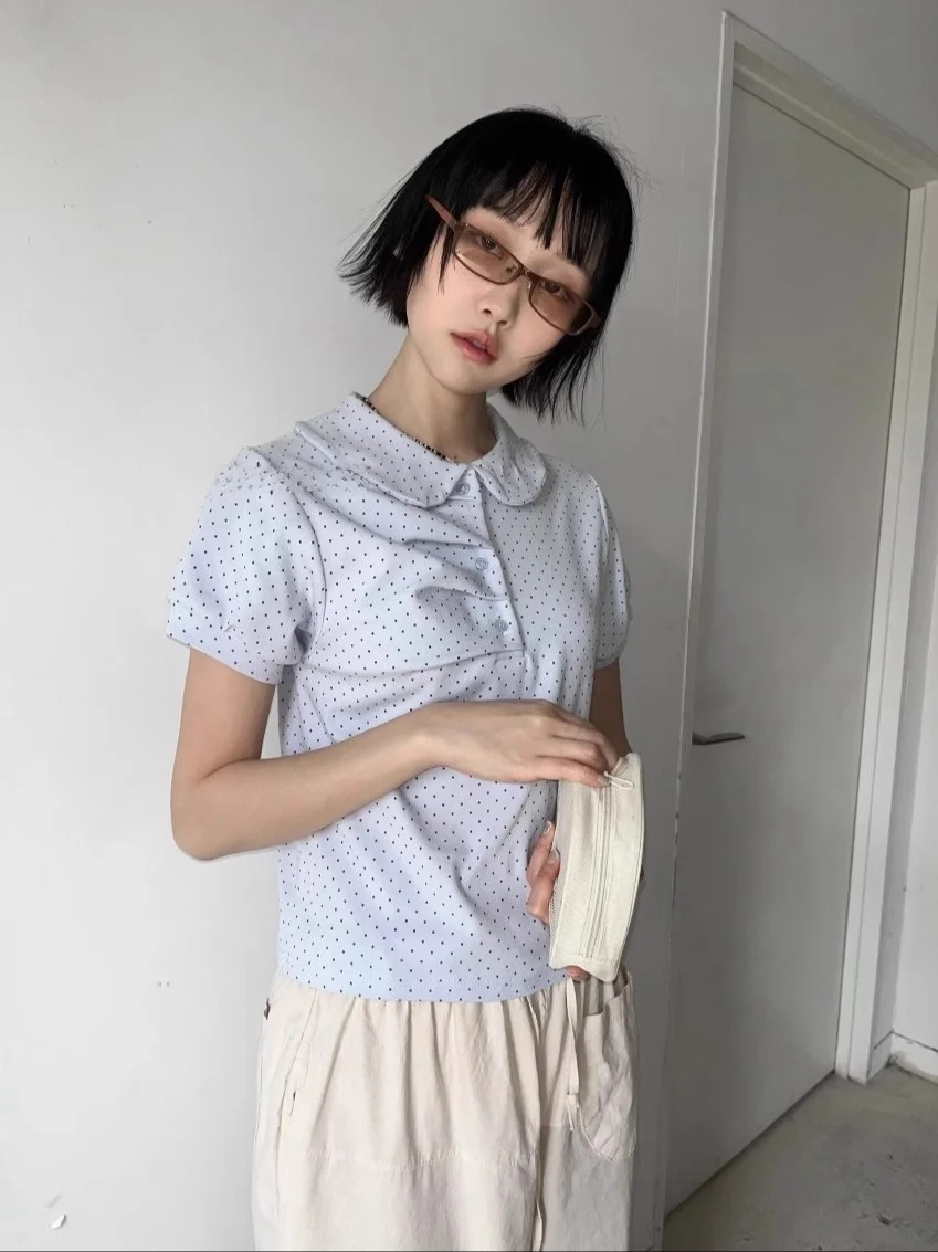 Retro Girl Sweet Doll Collar Polka Dot Plissee Casual irt ort Sve Ne T-Shirt Damen Sommer Top SEI Unique