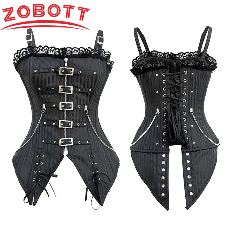 Women Corset Sexy Lace Low-cut Zip Bustier Sling Vest Punk Rock Style Gothic Clothes Body Shaper Slimming Corselet Cos Costume