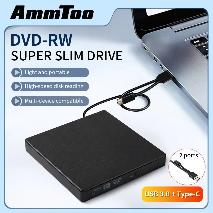 AMMTOO External DVD RW Drive USB 3.0 Type C Port Portable Player CD ROM Burner Compatible With Laptop Desktop PC Windows Linux