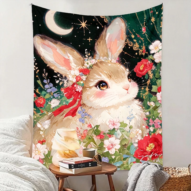 1PC Rabbit Wreath Moon Art Print Backdrop Banner, Bedroom Living Room Photo Background, Polyester, Home Decor, Wall Art