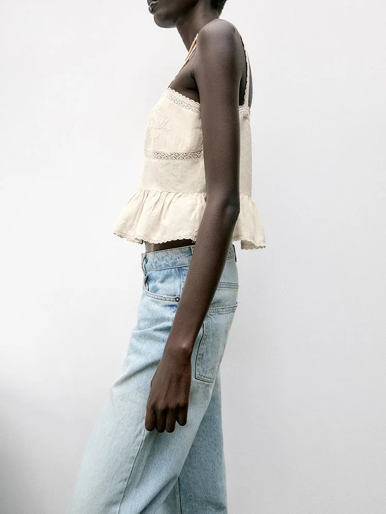 Romantic Casual Women's Summer New Arrival Strap Embroidered Lace Decorated Faion Top Ethnic Stage Costume T Blouse