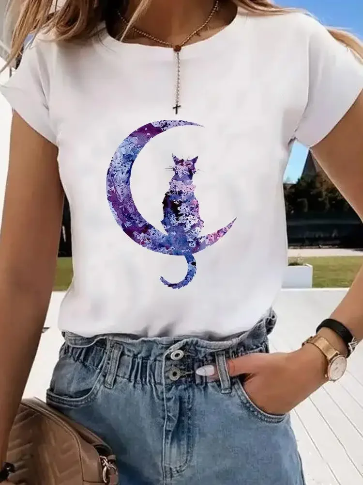 半袖プリント服女性春夏女性 Tシャツファッション猫愛甘いバレンタインシャツ女性グラフィック Tシャツ服