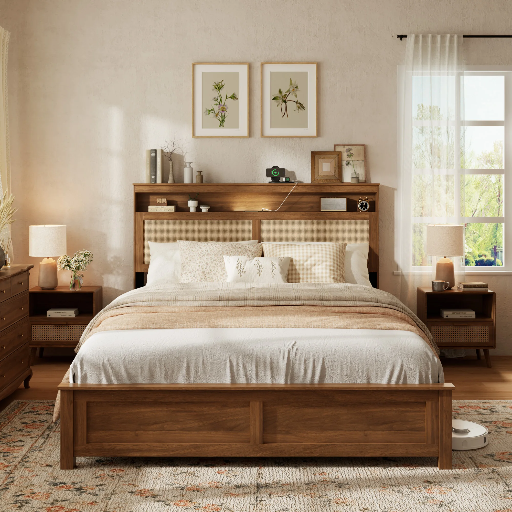 Queen Size Platform Bed Frame with Rattan Headboard and LED Reading Light, Modern Farmhouse Wood Bed with Storage Shelf, No Box Spring Needed