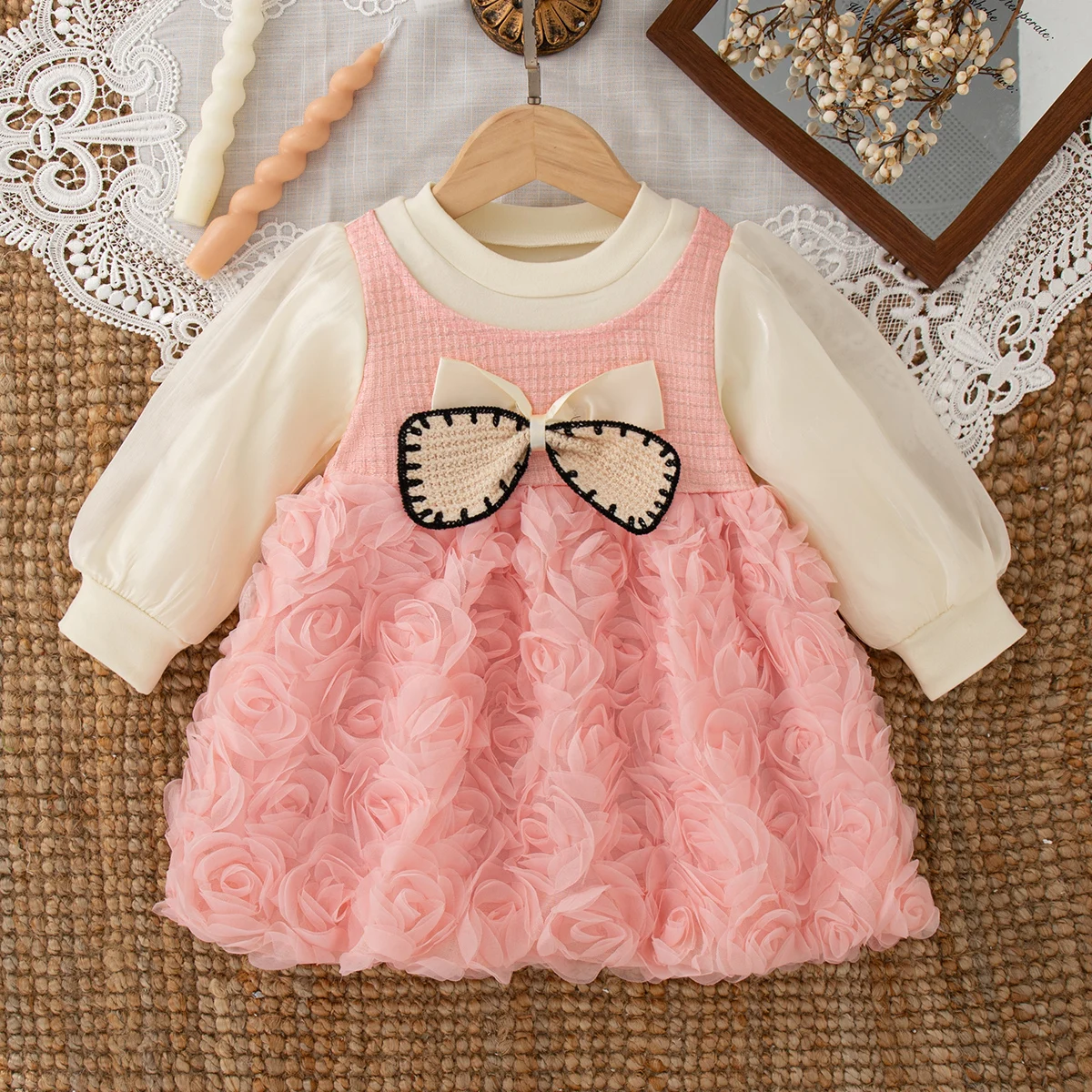 طفلة فستان الربيع والخريف القوس شبكة طويلة الأكمام فستان طفل لطيف الأميرة فتاة فستان طفلة الملابس #2