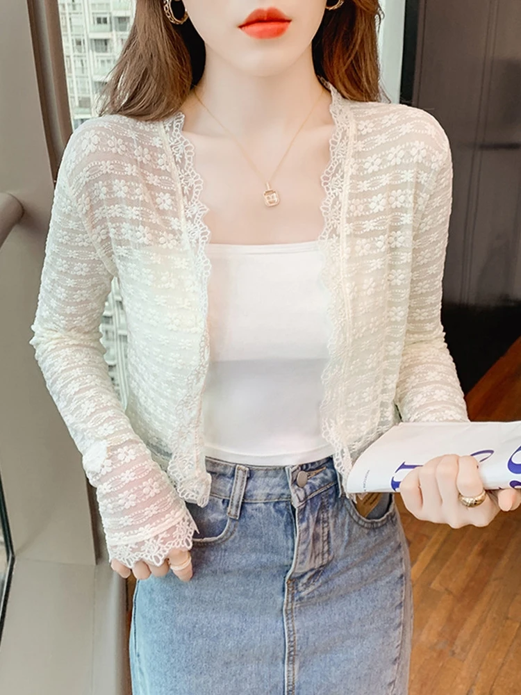 

Кружевной тонкий кардиган с длинными рукавами для женщин, летняя верхняя одежда, легкий накидка-туника с эффектом феи, ультратонкий, для ношения поверх юбки-халтер.