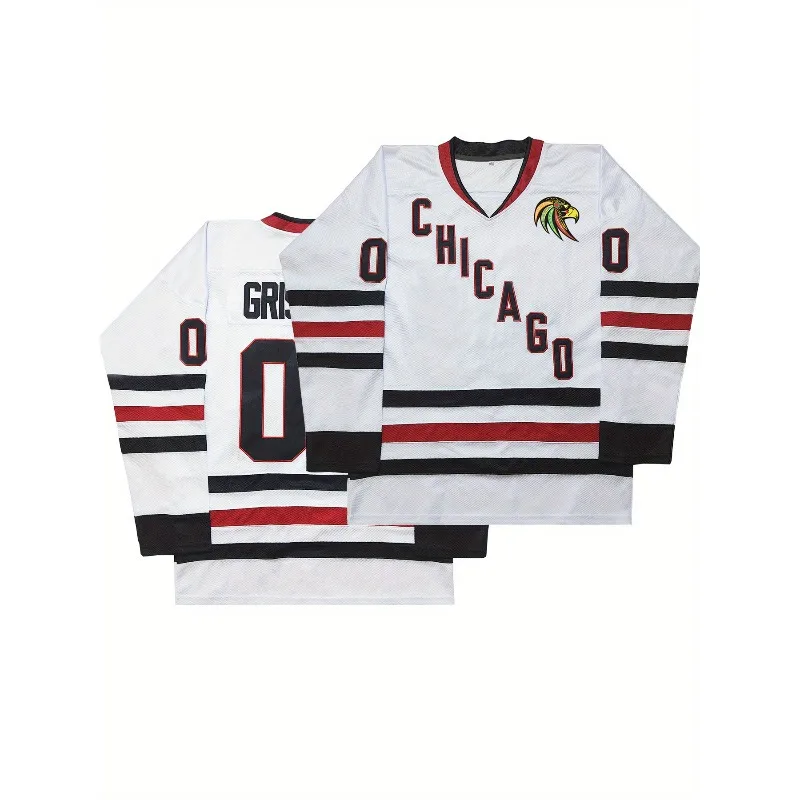 

Men'S #00 Chicago Embroidered White Ice Hockey Jersey - V-Neck Short Sleeve Breathable Sports Uniform, Loose Fit for Casual Wear