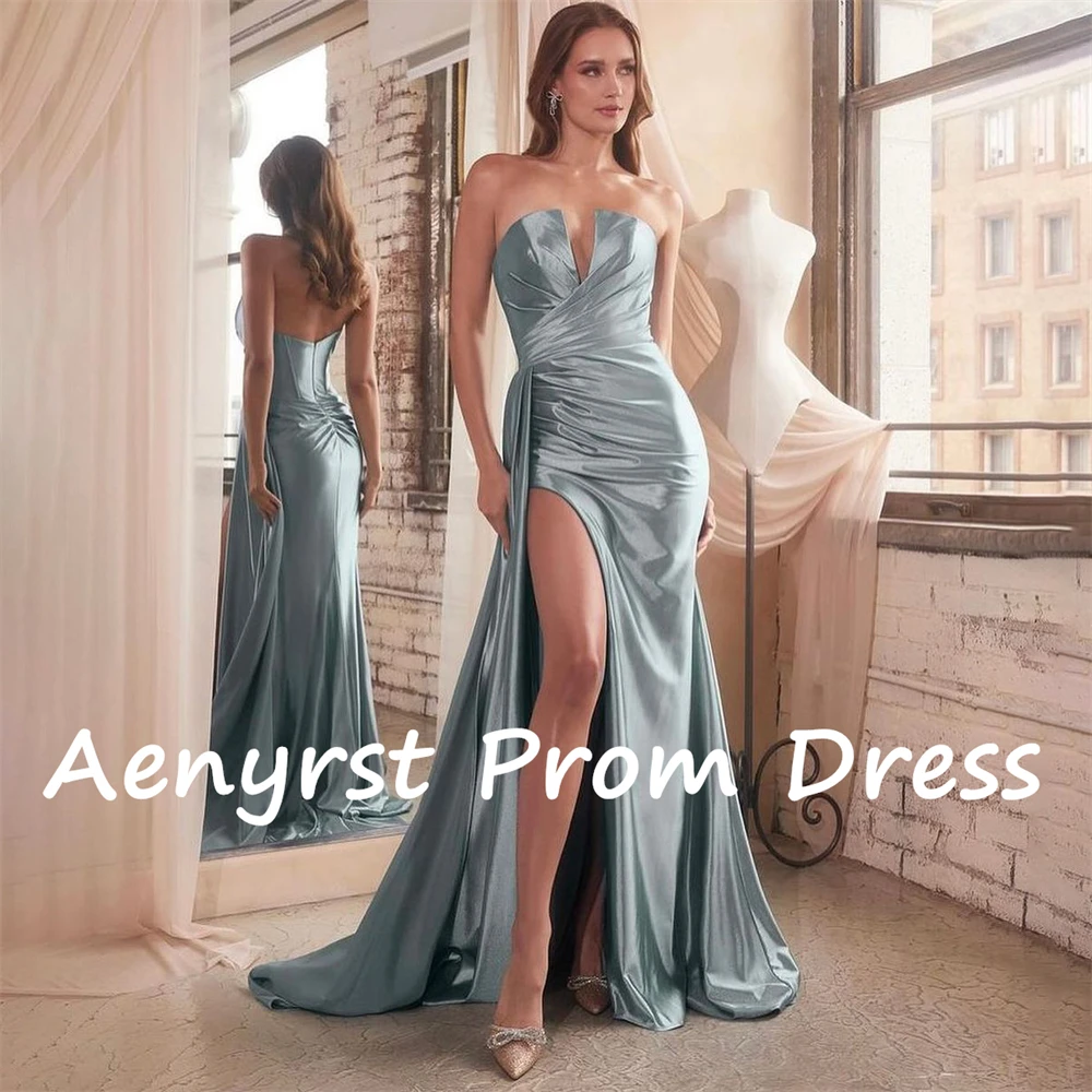 Aenyrst Strapless Mermaid Evening Dresses Grey Pleated Side Split Prom Gowns Floor Length Dinner Party Dress Long فساتين السهرة