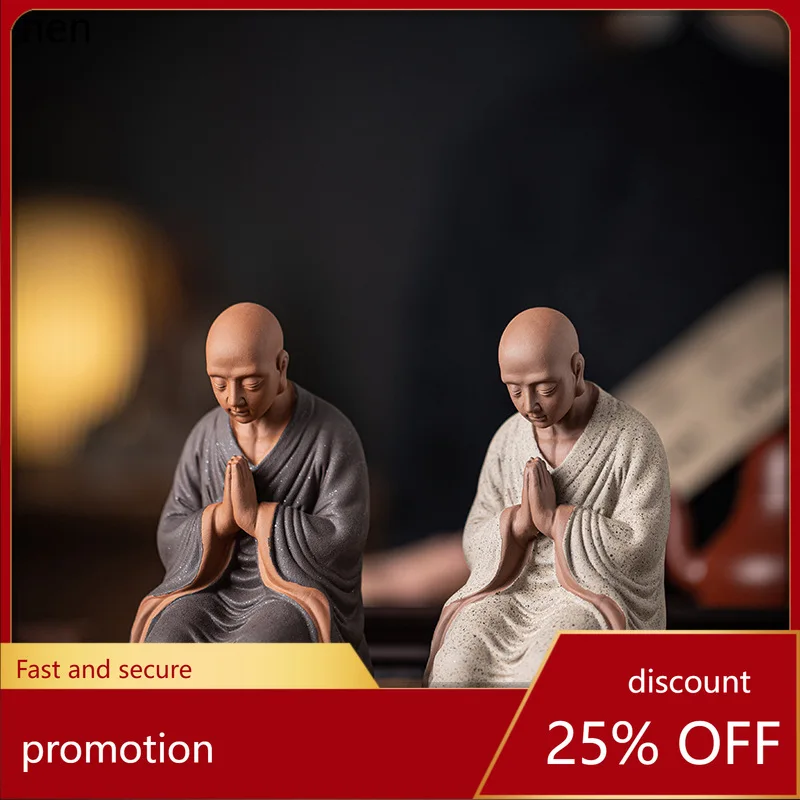 Cz1 purple clay little monk figurine - zen ceramic character, novitiate, living room desktop ornament, fish tank landscape