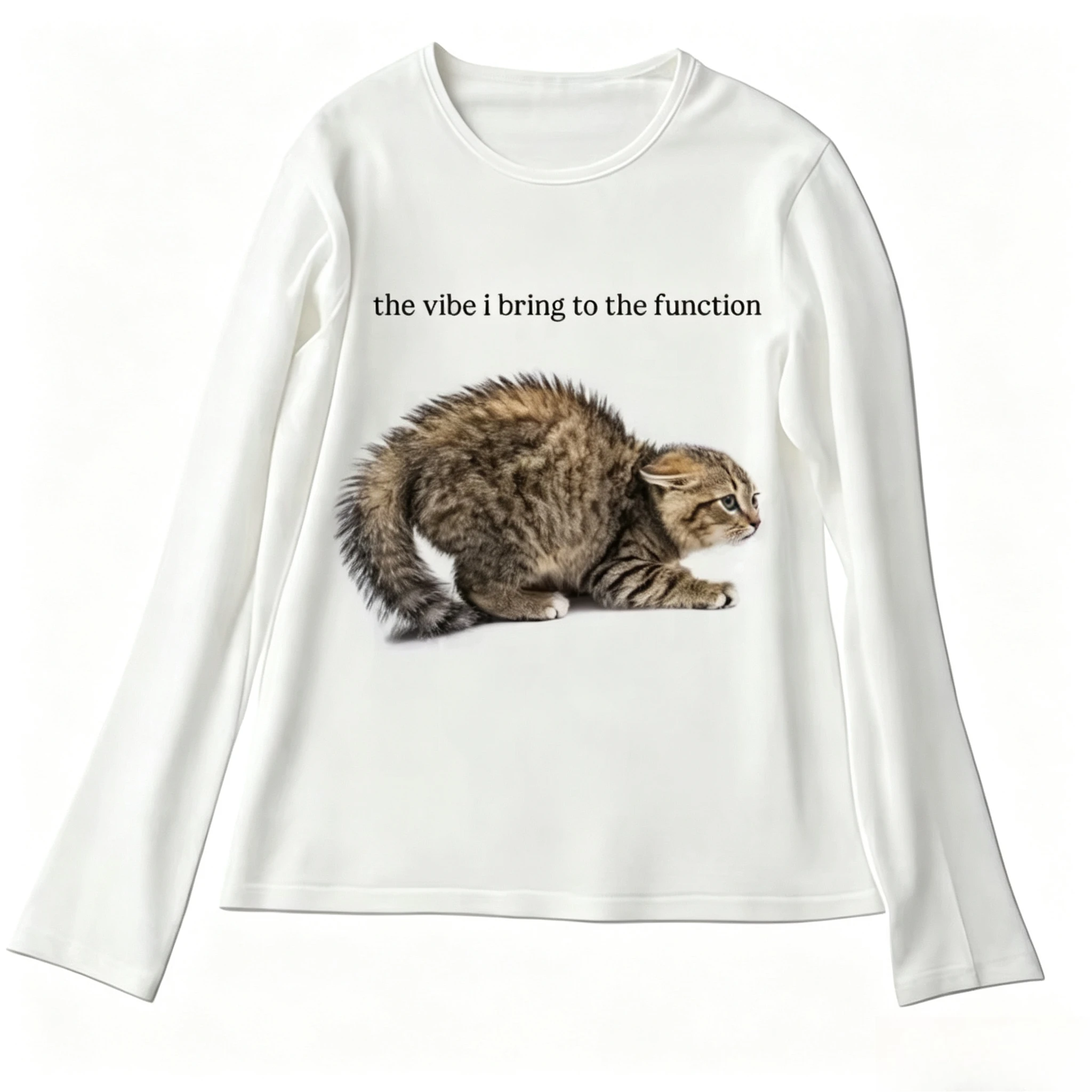 Sarcastic Cat Meme Quote Print Long Sleeve T Shirt Crew Neck Funny Hissing Tabby Cat Graphic Loose Casual Streetwear Humor Top