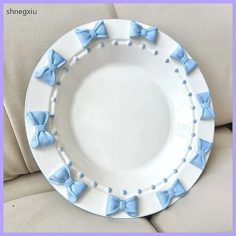 Luxury French Style Ceramic Serving Plate, Embossed Bow Sculpted Dinnerware Dessert Dish, Elegant Gift