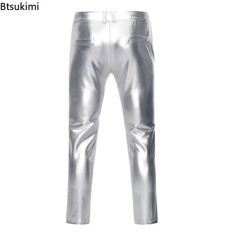 New Men's Shiny Pants Chic Motorcycle Pants Metallic Sweatpants Streetwear Casual Pants Nightclub Stage Perform Clothing for Men