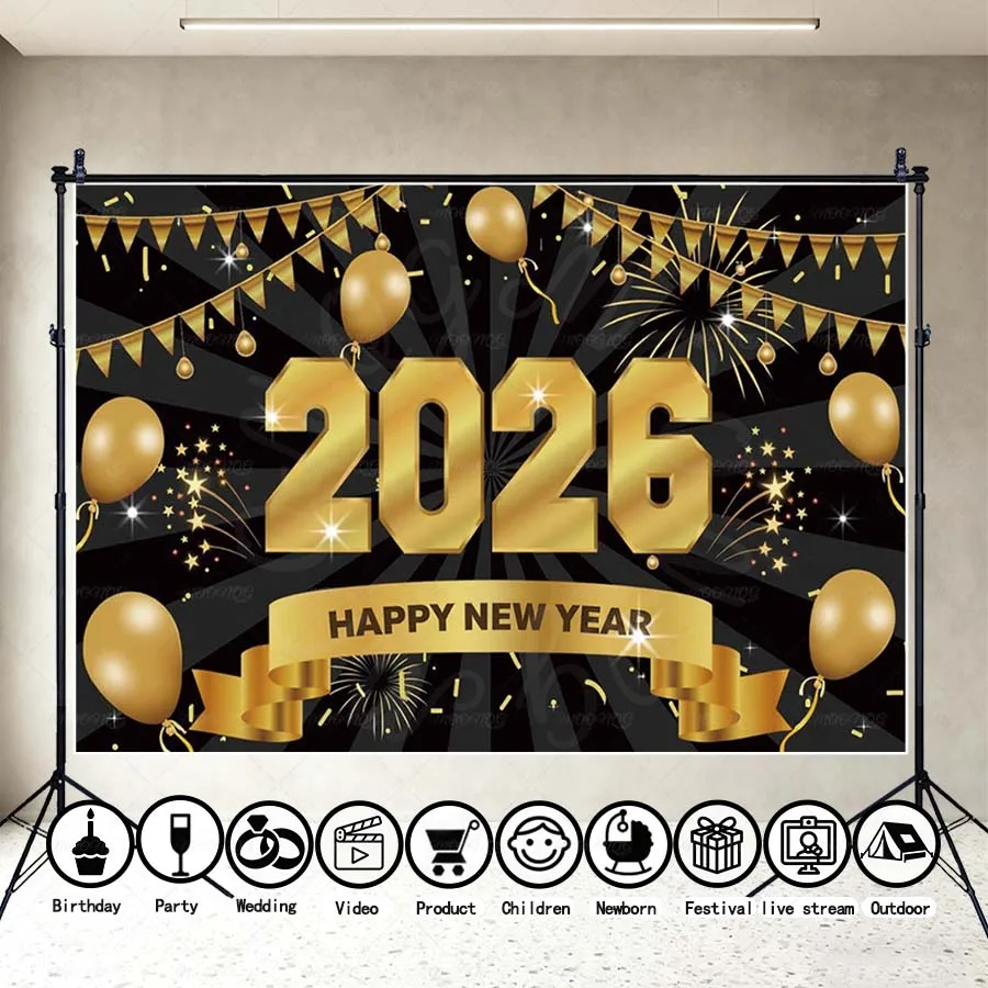 

MOON.QG Happy New Year Banner Backdrop Poster Glitter Light Xmas Trees Balloon Backgrounds For Photographs Accessories Shooting