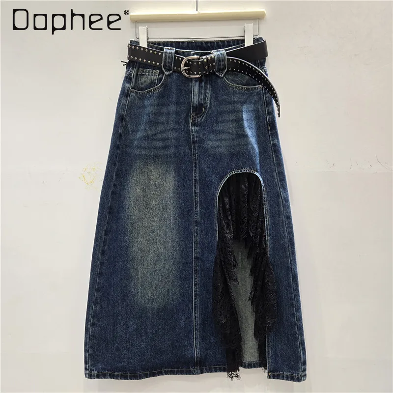 

Irregular Slit Patchwork Lace Denim Skirt Women 2025 Autumn New A-Line Midi Skirt Loose Slimming Mid-Length Trendy Black Skirt