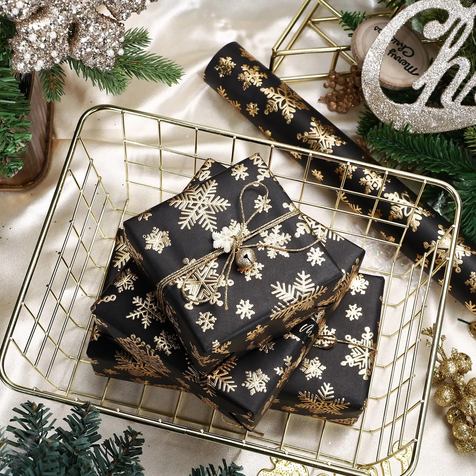 3D Kraft Christmas Wrapping Paper Mini Roll 43x500cm Gold Black Christmas Snowflake With Embossed Holiday Party Celebration