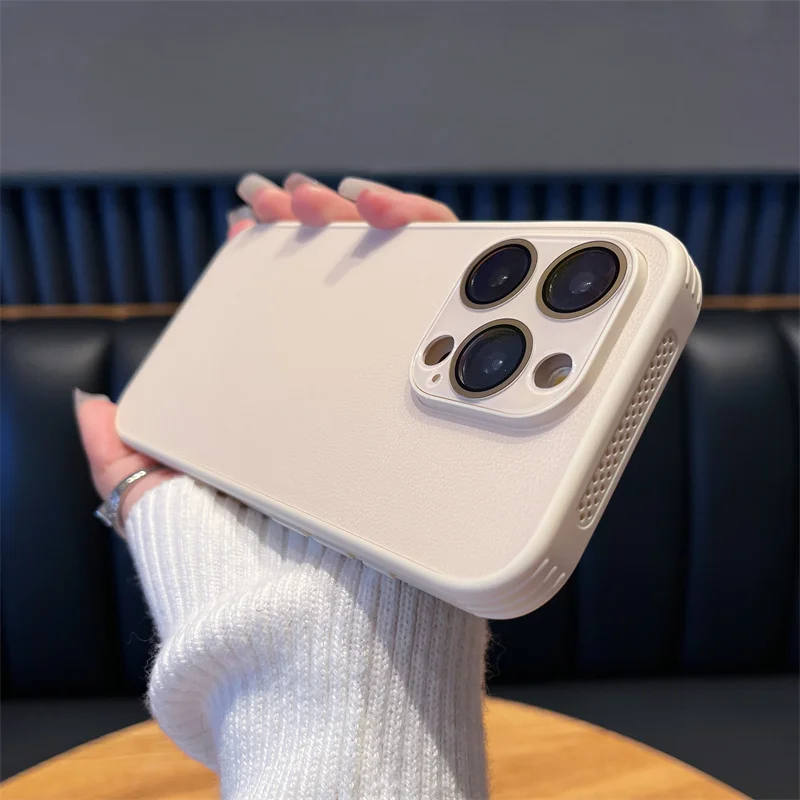 

New lychee pattern built-in lens film for iPhone 15 14 13 12 pro max case, heat dissipation anti drop protection cover bumper