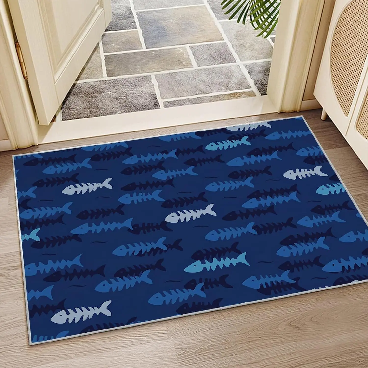 Ocean Entryway Rug, Blue Fish Cartoon Carpet, Sea Coastal Area Rug, Bedroom & Living Room Decor, Kid & Pet Friendly Rug