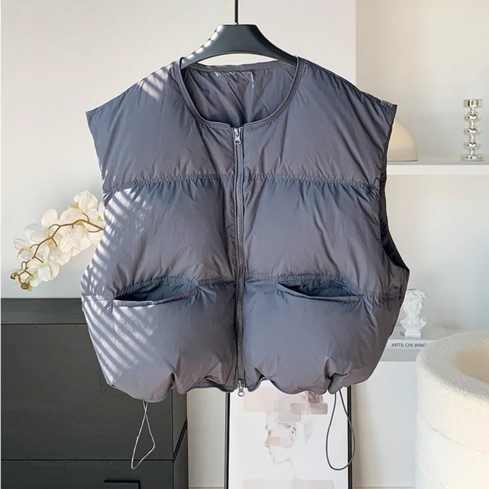 

Down Jacket Women New Winter Loose Short White Duck Down Sleeveless Vest Hem Adjustable Zipper Up Warm Casual Solid Puffer Tank