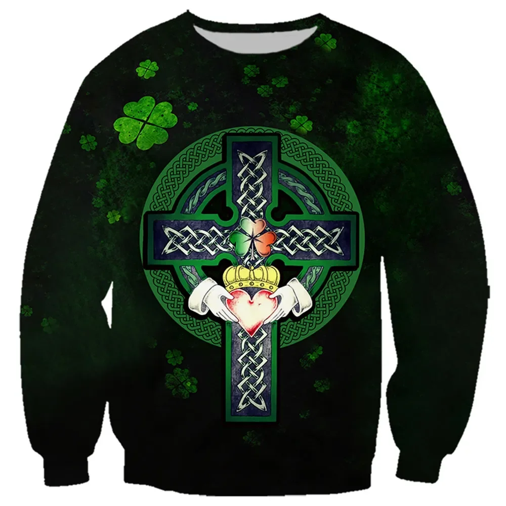 

HX St. Patrick Sweatshirt 3D Graphic Four-leaf clover cross Splicing Sportswear Fashion Harajuku Streetwear Men Clothing