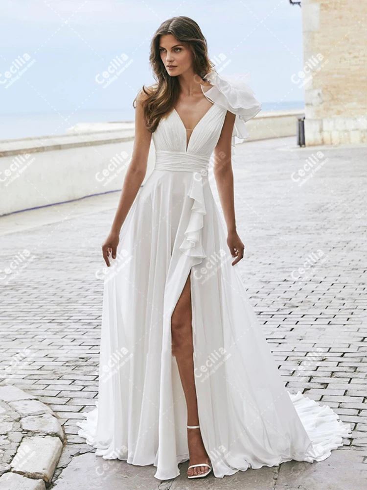 Graceful Wedding Dresses A-Line Chiffon Tiered Bridal Gowns Sleeveless Backless Robes Bow Decoration Modern Vestidos De Novia