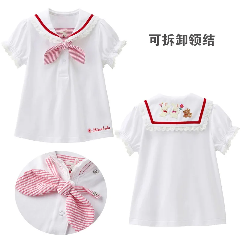 

Рубашка с галстуком-бабочкой для детей, футболка с милым кроликом и темно-синим воротником с короткими рукавами для девочек