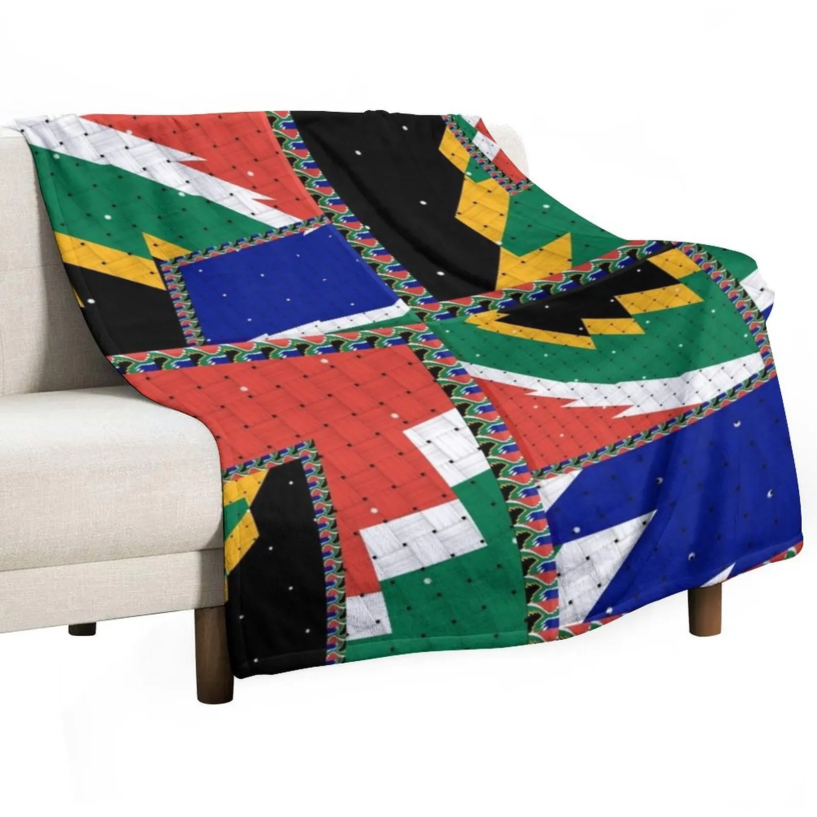 عمل فني هندسي تجريدي أصلي جذاب، مستوحى من علم جنوب أفريقيا بأسلوب عتيق. رمي بطانية #1