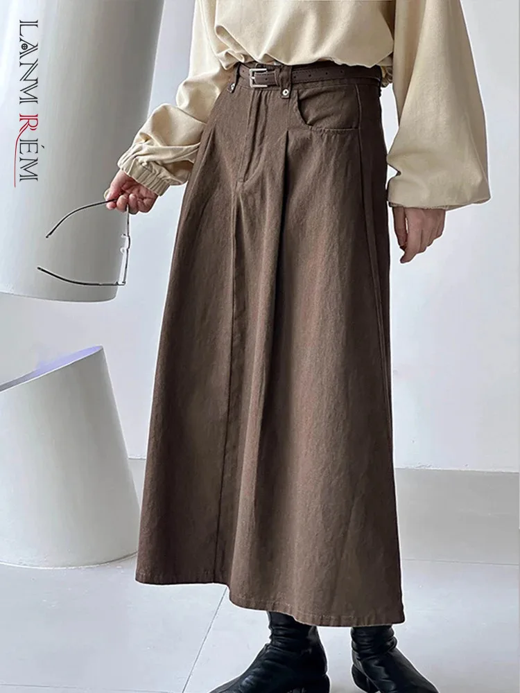 

[LANMREM] High Waist Mid-length Skirts For Women Solid A-line Office Lady Minimalism Female Skirts 2024 Autumn New 26C256