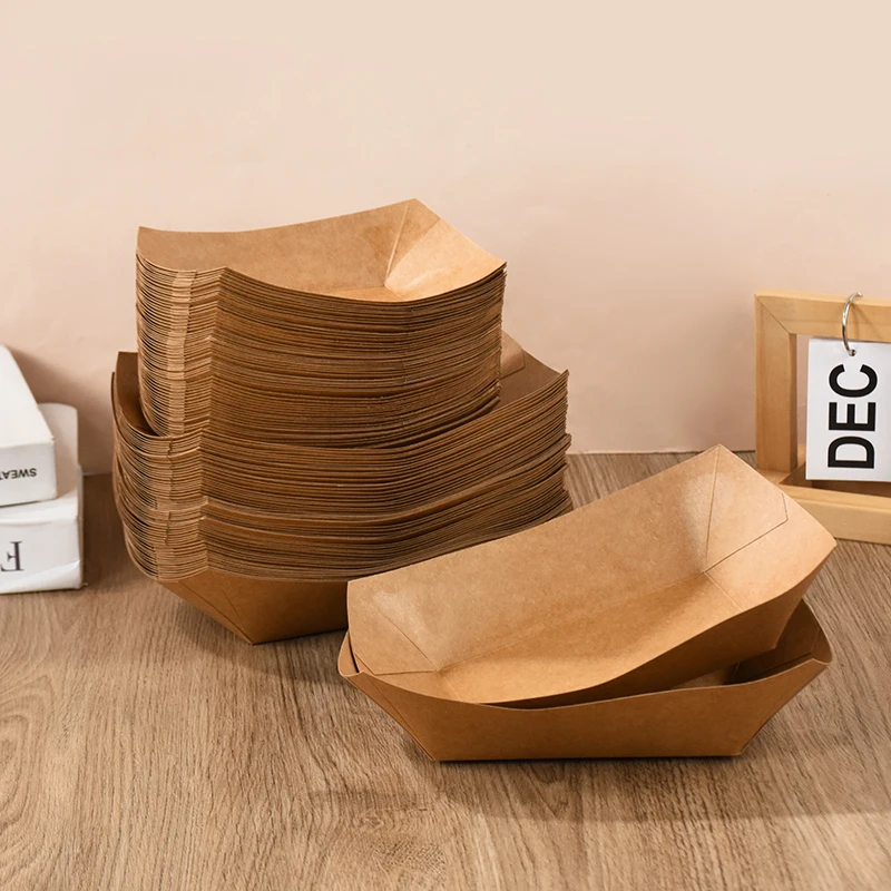 

5pcs Kraft Paper Boat Boxes Disposable Food Tray Waterproof And Oil Resistant Dessert Cake French Fries Tray Party Picnic Supply
