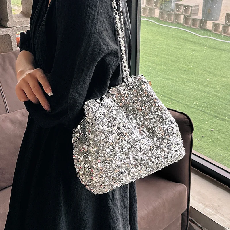 Korean Style Sequins Bucket Bag Glitter Bag Women\'s New Silver Chain Single Shoulder Bag Personalized Black Crossbody Bag