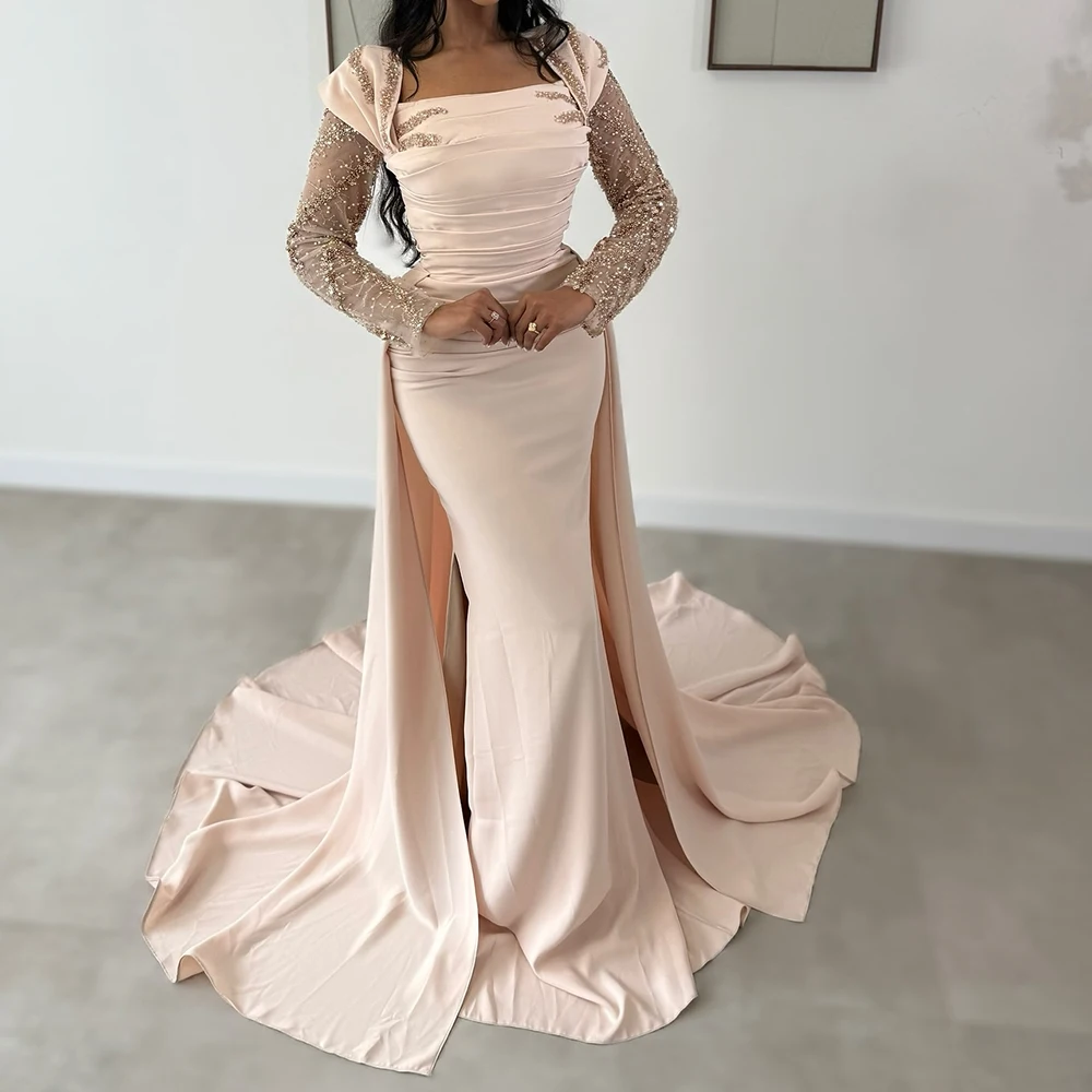 

Вечерние платья русалки по индивидуальному заказу длиной до пола, с квадратным воротником и длинными рукавами, платье для выпускного вечера, модное плиссированное вечернее платье с бисером и блестками