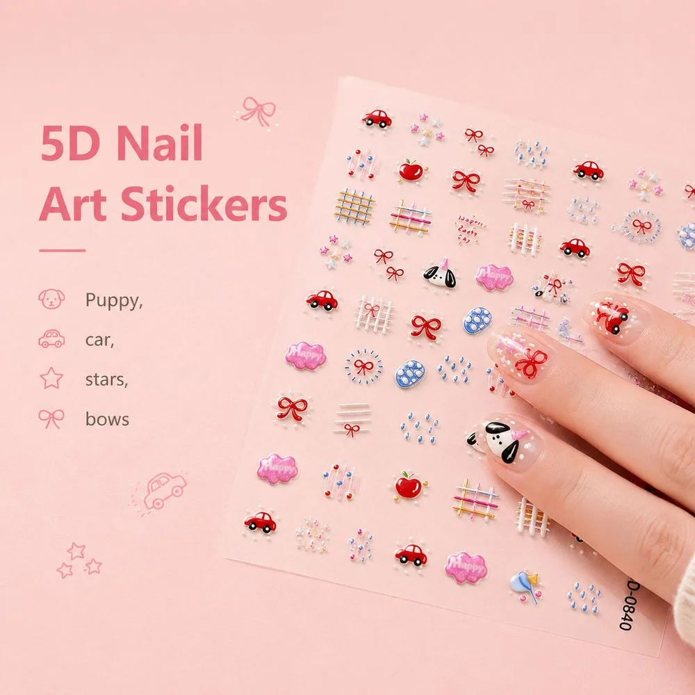 1Pc 5D Embossed Self‑Adhesive Nail Stickers Cartoon Puppy Fruit Car Bow Design Colorful Decals For DIY Creative Nail Art Decor